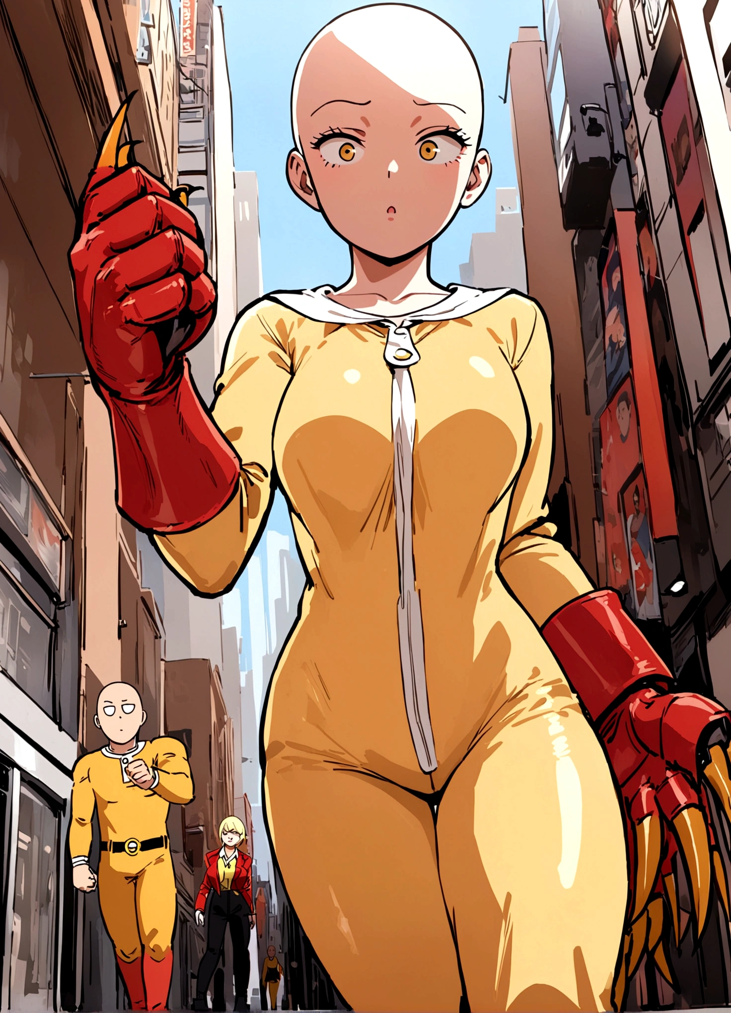 Marvel's Wolverine (played by a cute woman) is enraged, claws out ready to fight, One punch man Saitama is not impressed. set in new york city
