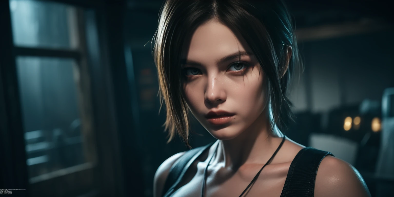 Highest quality, masterpiece, Ultra-high resolution, Detailed Background, realism, Actual photo, Draw in 8k high resolution、Creating a female heroine for Resident Evil。Show the whole battle scene,Expressing detailed human skin texture:1.55,Scary scene surrounded by zombies。