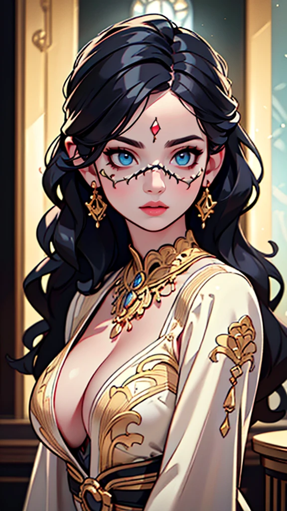 a beautiful gypsy woman, long black hair tied up, ornate decorated spanish gypsy dress, masquerade style, detailed face, beautiful eyes, detailed lips, intricate patterns, chiaroscuro lighting, cinematic composition, dramatic lighting, vibrant colors, (best quality,4k,8k,highres,masterpiece:1.2),ultra-detailed,(realistic,photorealistic,photo-realistic:1.37)