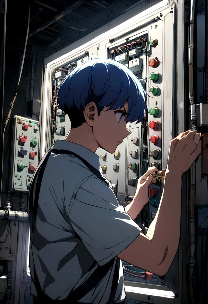 anime electrician, concentrated, Restore a complex electrical panel zoom out .