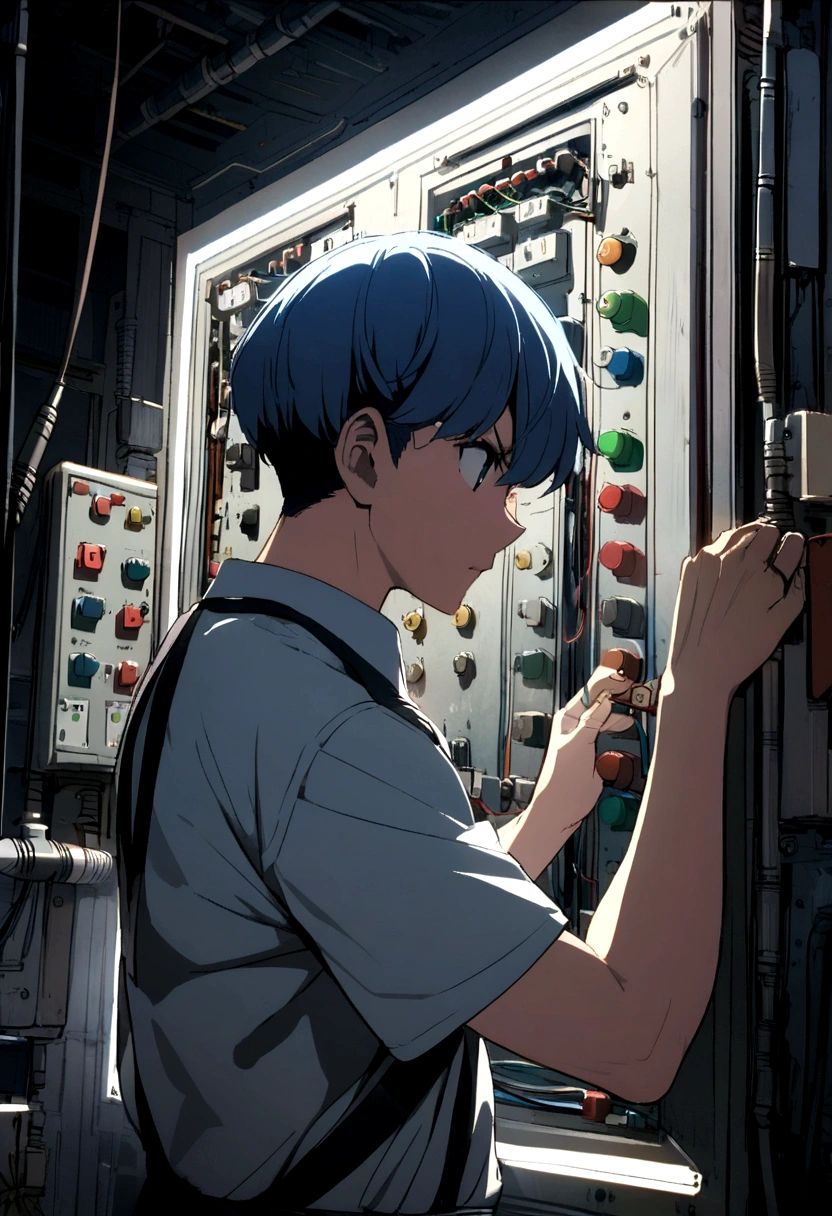 anime electrician, concentrated, Restore a complex electrical panel zoom out .