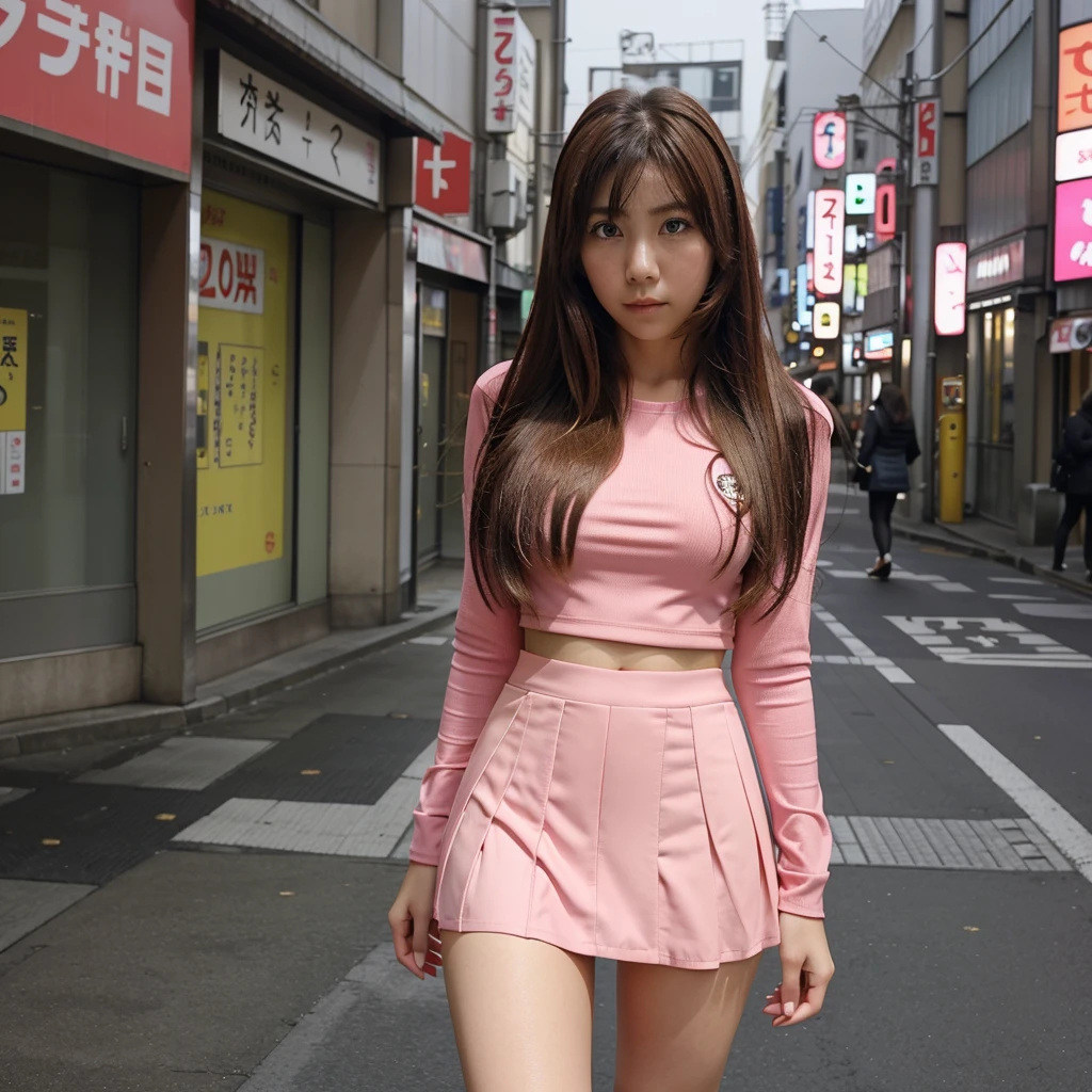 Close up,1 girl,solo, random post,(((Aimi Rin))) ,long hair, Beautiful shape ,wear a tight pink suit, tight skirt ,(short skirt),looking at camera,25 years old, in the Tokyo city