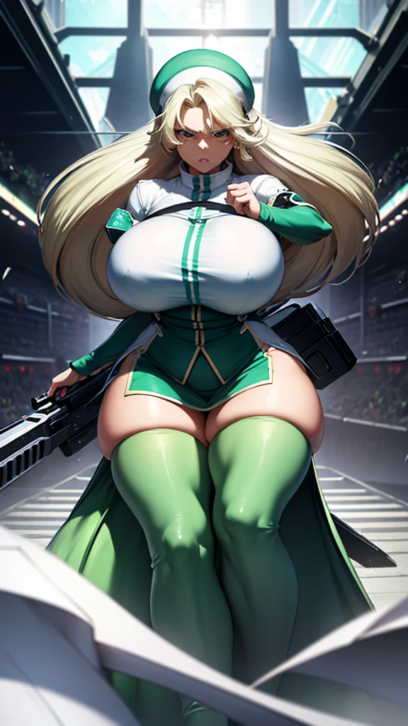 (high detailed)) 27 yo's woman, light cyan hair, Green mini beret, green Pandora's clothes,big And round breasts, gorgeous thicc plump body,angry expression,furious eyes,Green satellizer's outfit,Very long skirt, holding a extremely large weapon, dynamic pose, action position, perfect anatomy