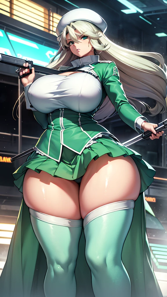 (high detailed)) 27 yo's woman, light cyan hair, Green mini beret, green Pandora's clothes,big And round breasts, gorgeous thicc plump body,angry expression,furious eyes,Green satellizer's outfit,Very long skirt, holding a extremely large weapon, dynamic pose, action position, perfect anatomy