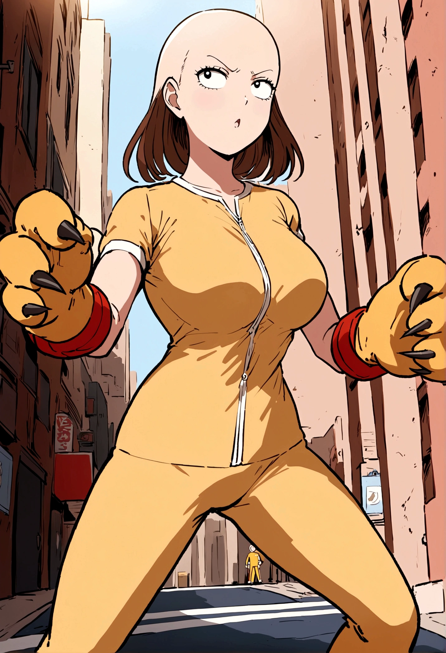Marvel's Wolverine (played by a cute woman) is enraged, claws out ready to fight, One punch man Saitama is not impressed. set in new york city