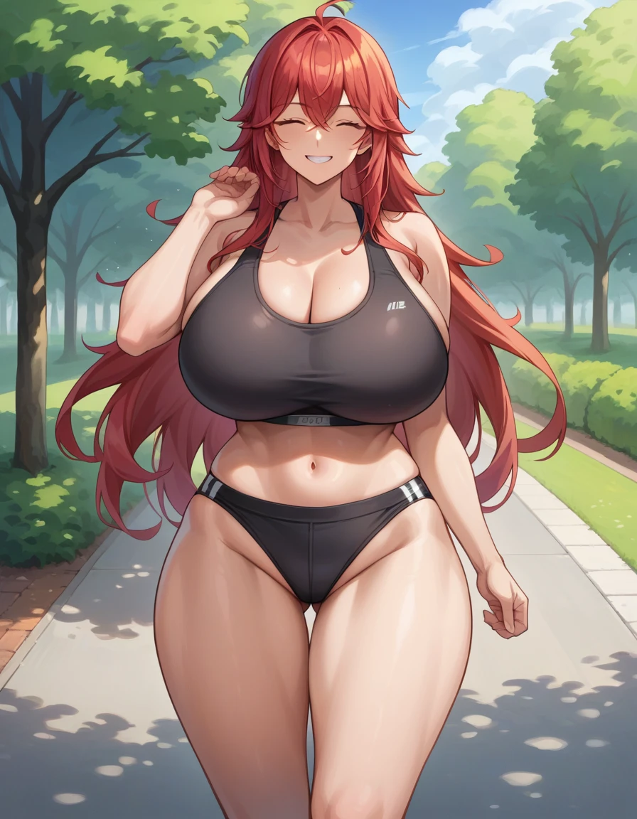 score_9, score_8_up, source_anime, 1girl, nihilister, red hair, long hair, huge breasts, sports bra, black panties, standing, looking at viewer, ^ ^, eyes closed, smile, park, 