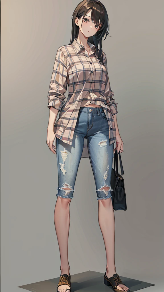 Drawing of a woman with long, middle-parted hair in a plaid shirt and jeans shorts., full body image of a short!, Drawing the whole character, Draw the whole body, Tall female emo art student, unrealistic character concept, Full concept in detail, !!full body image!!, realistic proportions!!, draftเส้น!!, outdraftเส้น, Comfortable pose, draft, Wear a plaid shirt., Whole body illustration