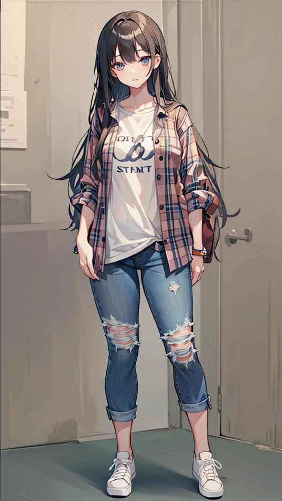 Drawing of a woman with long, middle-parted hair in a plaid shirt and jeans shorts., full body image of a short!, Drawing the whole character, Draw the whole body, Tall female emo art student, unrealistic character concept, Full concept in detail, !!full body image!!, realistic proportions!!, draftเส้น!!, outdraftเส้น, Comfortable pose, draft, Wear a plaid shirt., Whole body illustration