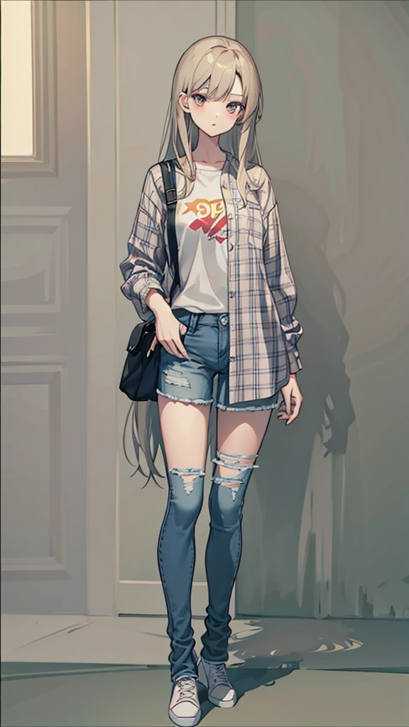 Drawing of a woman with long, middle-parted hair in a plaid shirt and jeans shorts., full body image of a short!, Drawing the whole character, Draw the whole body, Tall female emo art student, unrealistic character concept, Full concept in detail, !!full body image!!, realistic proportions!!, draftเส้น!!, outdraftเส้น, Comfortable pose, draft, Wear a plaid shirt., Whole body illustration