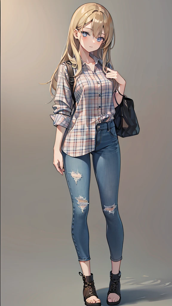 Drawing of a woman with long, middle-parted hair in a plaid shirt and jeans shorts., full body image of a short!, Drawing the whole character, Draw the whole body, Tall female emo art student, unrealistic character concept, Full concept in detail, !!full body image!!, realistic proportions!!, draftเส้น!!, outdraftเส้น, Comfortable pose, draft, Wear a plaid shirt., Whole body illustration