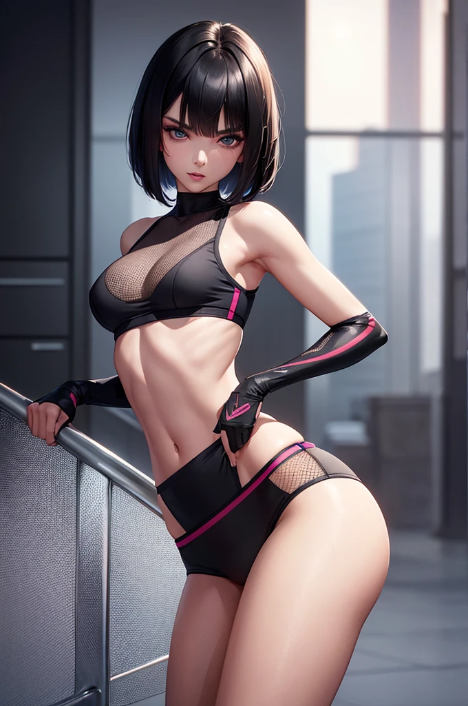 a beautiful skinny young woman with skater haircut, wearing a tight cropped shirt and mesh panties, looking seductive, detailed facial features, highly detailed, 8k, vivid colors, sharp focus, physically-based rendering, professional photography, elegant, charming