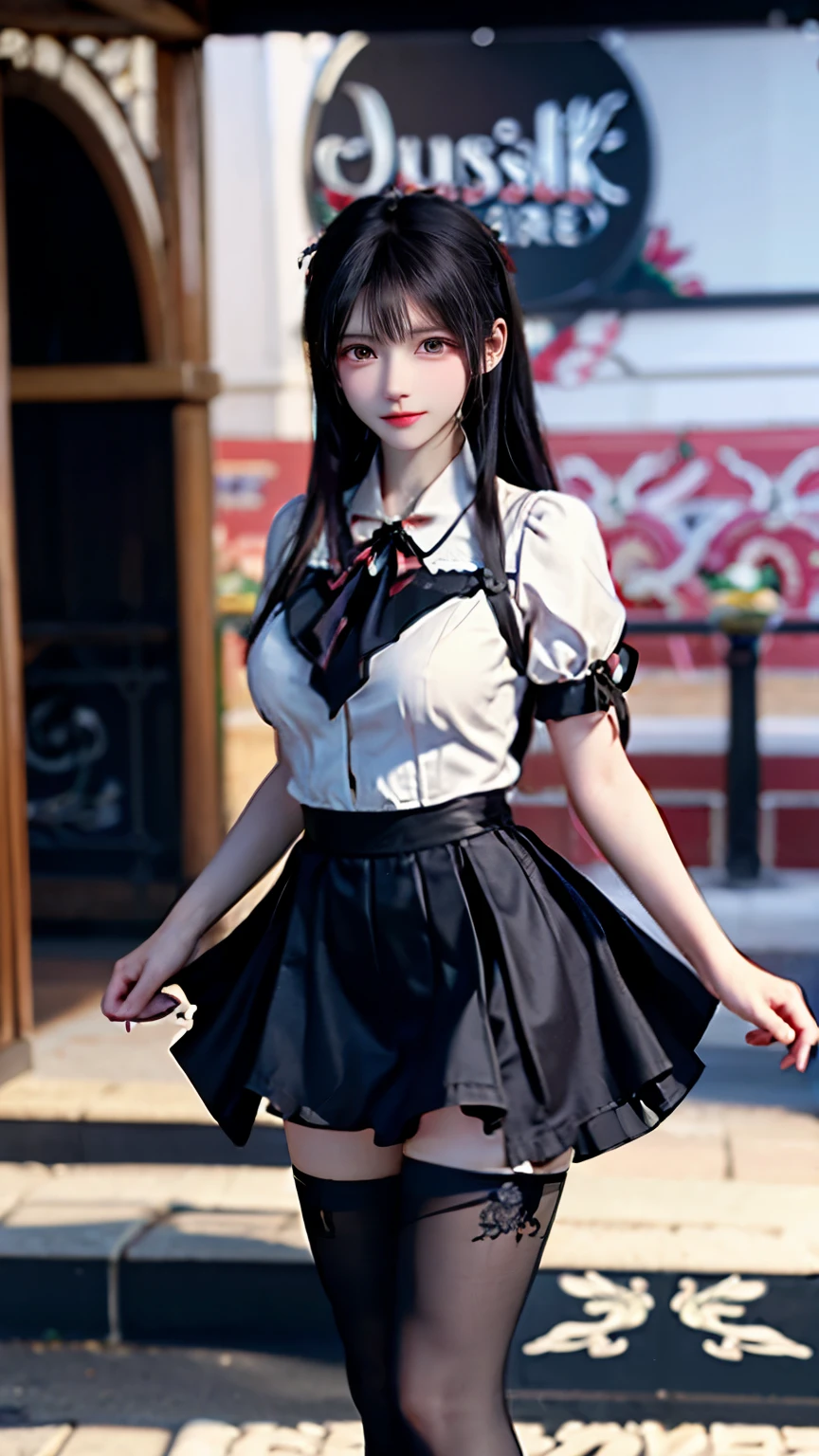 1 girl as yukino yukinoshita, absurdres, highres, solo, school uniform, big breasts, waist long black hair, (twintails:0.5), miniskirt, black thighhigh socks, loose red ribbon, unbuttoned white shirt, (ahegao:1.1), (rolling eyes:1.1), female masturbation