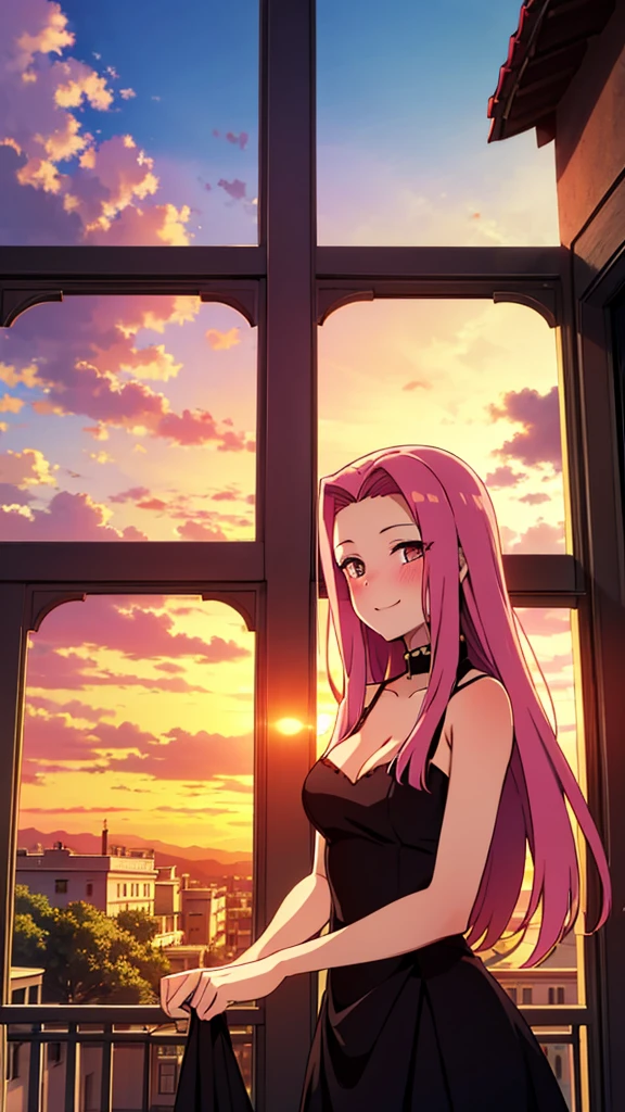 ,sunset,village,balcony of a elegante palace,(1girl,20 years old),rainbow hair,long hair,medusa hair,black dress, sleeveless,bare shoulders,smile,blush,extra arms,four arms,cleavage,looking at view,sunset,village,on the balcony of a elegante palace,