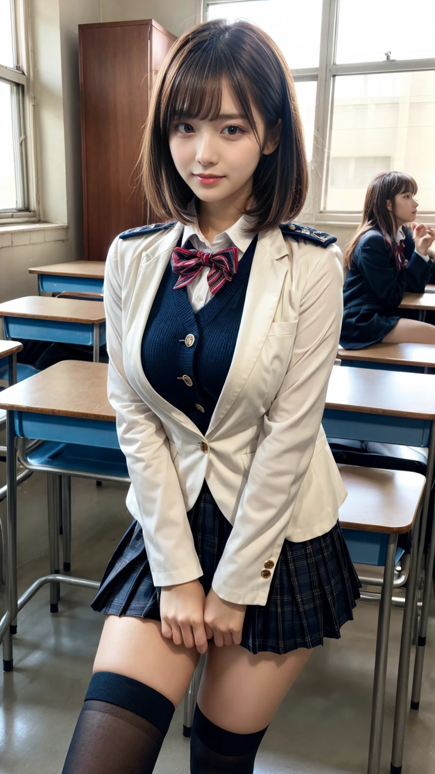 (8K, RAW Photos, Highest quality, masterpiece:1.2), masterpiece, super detailed, super high quality, (Realistic and photorealistic photography:1. 37), High-resolution RAW color photos, Very delicate and beautiful, highly detailed, 8k wallpaper, wonderful, detailed, Very eye, very detailed, very detailed skin, very thin fingers, very detailed nose, very detailed mouth, Perfect Anatomy, BREAK,18 year old girl, short bob hair,  huge breasts, (colossal tits:1.1), very huge round breasts, (perfect body shape:1.1), Big Natural Color Lip, cute type, lolita, (Details High quality, realistic depiction of eyes:1.3), Harajuku style, Beautiful makeup, glitter makeup, BREAK, High school girl uniform, blazer, Super Short Check Uniform Skirt, Navy blue high socks, Disturbed uniform, BREAK, (High School Classroom:1.2),  bold sexy pose, hposing Gravure Idol, full body photo