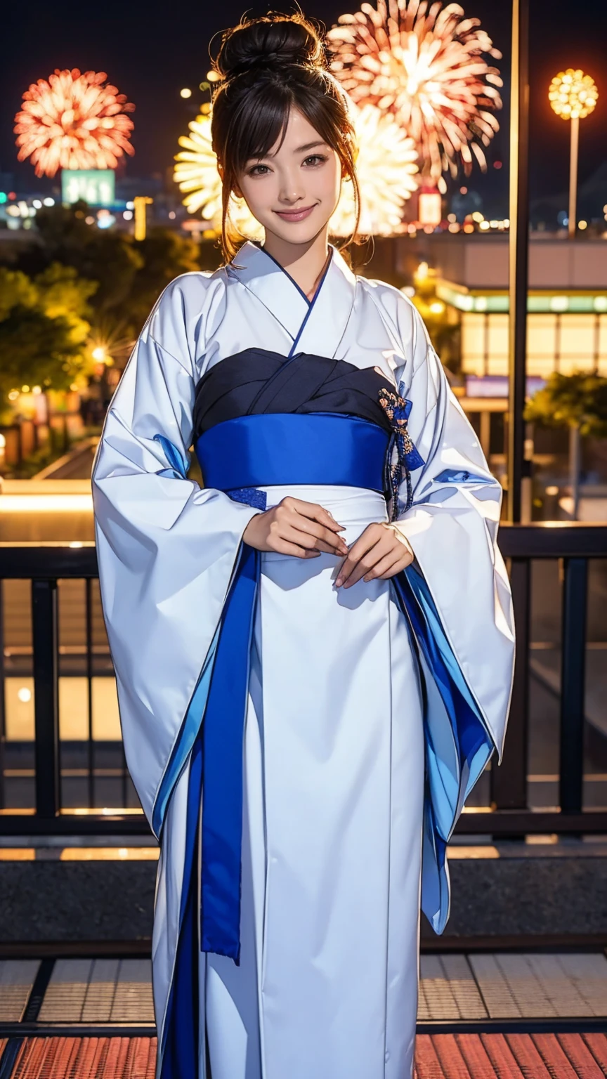 ((masterpiece)),(((Highest quality))),((Character design sheet)),A Japanese yukata with a flashy pattern:1.5，Stylish sandals:1.5，The best smile:1.5，Upper Body Shot:1.5，Night fireworks background:1.5，Flashy makeup with red eyeshadow:1.5，Bun Hair:1.5，