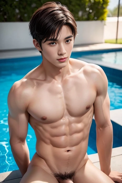 naked arafed boy,A large penis for his age, Take the whole body, Very short haircut., Look at the camera, Detailed parts of the face, Manly, bad boy, pool background, sexy pose, Monk sex, perfect anatomy, Symmetrical body, Asia boy , shirtless :: Highly detailed, Asia, sexually, a little six packs charming body, realistic, human skin, short hairstyle, handsome chad chin, shirtless, handsome, charming, sexy young man, pubic hair, Be a man, sexuallyly charming, human skin, (Make eye contact), no gay, handsome, charming, Big bulging hips