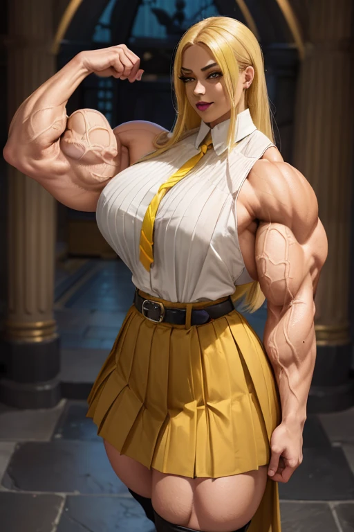 ((((Massive tall, beautiful, buff, light brown skinned muscular woman with yellow hair, black lipstick, ginormous bulky muscles and wearing a yellow pleated shirt with beautiful long pleated skirt)))), (close view), (massive muscles), long flowing hair, ((chained belt)), gray eyes, choker, ((yellow pleated shirt and tie)), neck tie, ((beautiful long pleated skirt)), belt, thigh high socks, black boots, (in Hogwarts), closed smile, night, massive muscles