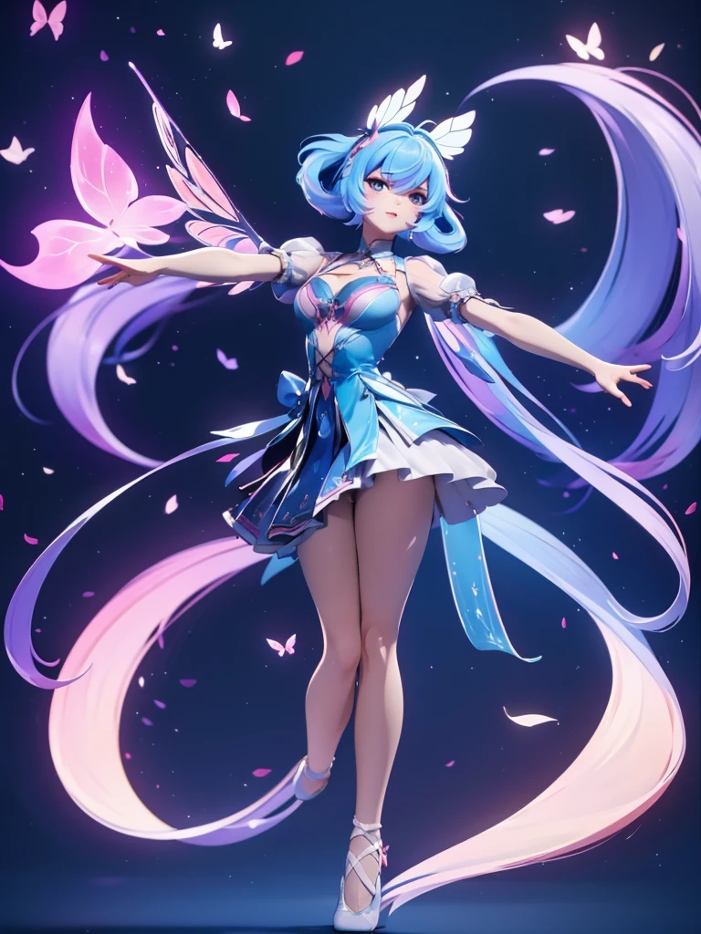 Seizo Watase style, Simple Line Initialism，Abstract art, 3d character, colorful hearts ,(((The most beautiful girl of all time))),  (full body 1.2), only girl, long hair, bufferfly and sky background, 20 year old, full body, (((8k))), (((3d)), blue and pink hair, Large butterfly wings on the back, moon, ballet dance, one hand raised above