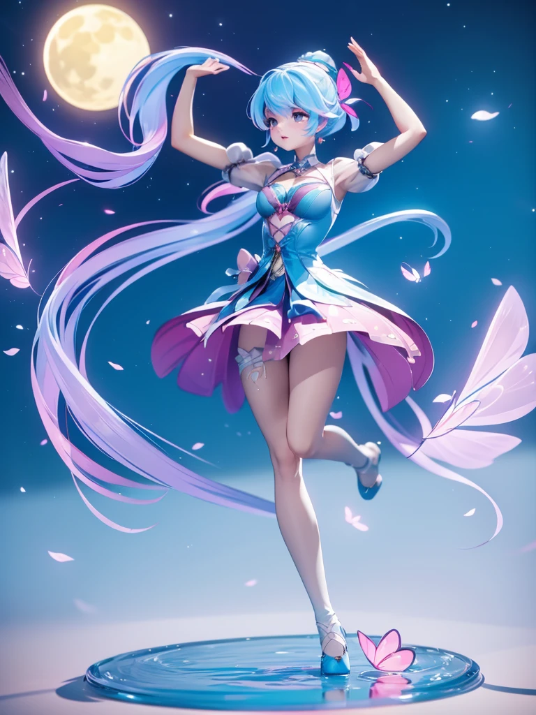 Seizo Watase style, Simple Line Initialism,Abstract art, 3d character, colorful hearts ,(((The most beautiful girl of all time))), (full body 1.2), only girl, long hair, bufferfly and sky background, 20 year old, full body, (((8k))), (((3d)), blue and pink hair, Large butterfly wings on the back, moon, ballet dance, one hand raised above
