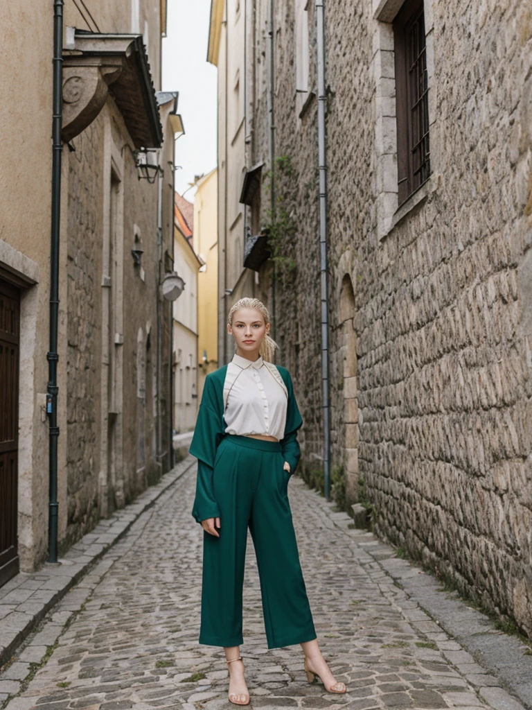 her name is Elle, high quality, 1girl, ((20-year-old fit Caucasian woman)), ((20 years old)), ((fit)), ((pale skin)), ((sleek ponytail blonde colored hair)) , wearing Green Embroidered Sheer Kimono + High-Waisted Palazzo Pants, pose: standing, background: Highlight the well-preserved medieval architecture of Tallinn's Old Town, with its cobblestone streets, fortified walls, and the towering spires of St. Olaf's Church.