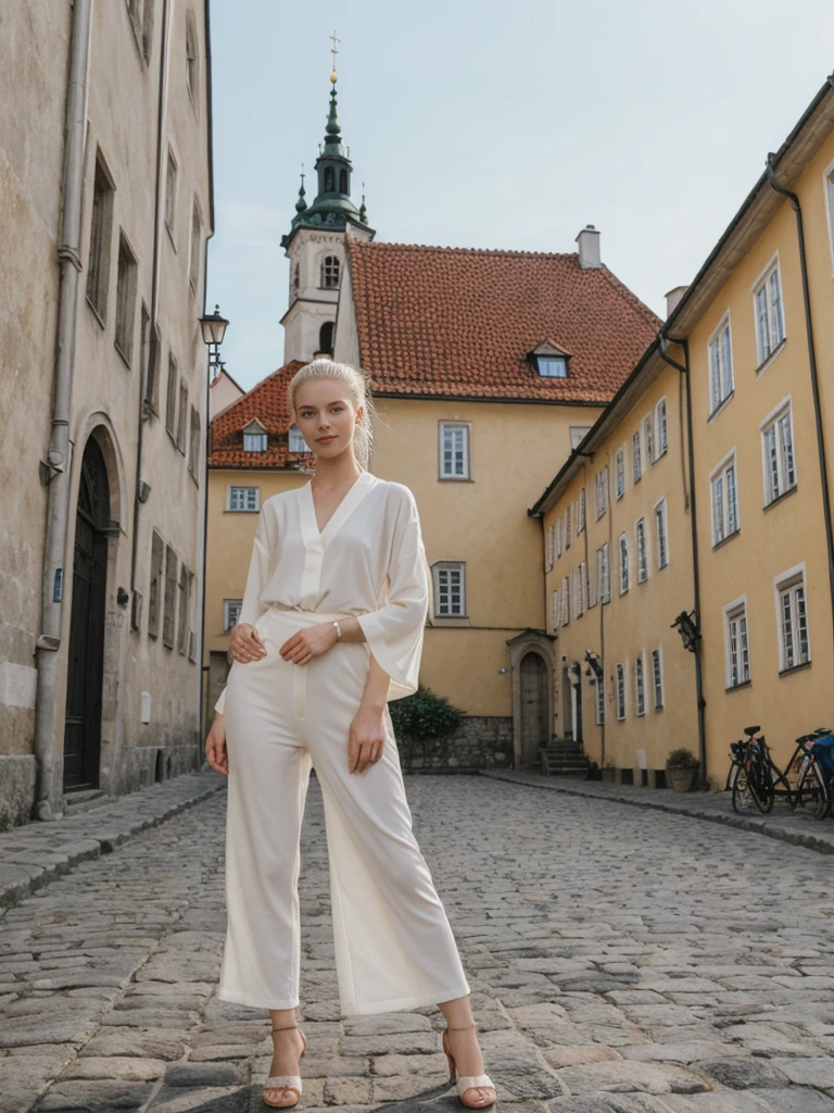 her name is Elle, high quality, 1girl, ((20-year-old fit Caucasian woman)), ((20 years old)), ((fit)), ((pale skin)), ((sleek ponytail blonde colored hair)) , wearing Green Embroidered Sheer Kimono + High-Waisted Palazzo Pants, pose: standing, background: Highlight the well-preserved medieval architecture of Tallinn's Old Town, with its cobblestone streets, fortified walls, and the towering spires of St. Olaf's Church.