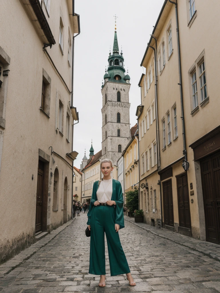 her name is Elle, high quality, 1girl, ((20-year-old fit Caucasian woman)), ((20 years old)), ((fit)), ((pale skin)), ((sleek ponytail blonde colored hair)) , wearing Green Embroidered Sheer Kimono + High-Waisted Palazzo Pants, pose: standing, background: Highlight the well-preserved medieval architecture of Tallinn's Old Town, with its cobblestone streets, fortified walls, and the towering spires of St. Olaf's Church.
