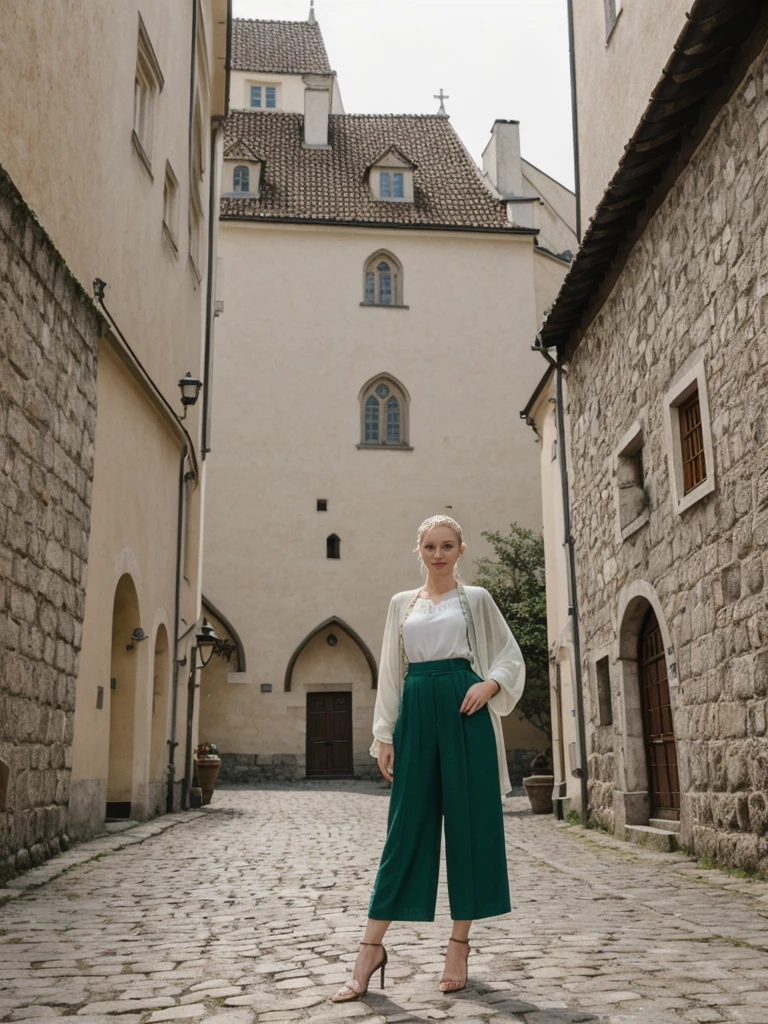 her name is Elle, high quality, 1girl, ((20-year-old fit Caucasian woman)), ((20 years old)), ((fit)), ((pale skin)), ((sleek ponytail blonde colored hair)) , wearing Green Embroidered Sheer Kimono + High-Waisted Palazzo Pants, pose: standing, background: Highlight the well-preserved medieval architecture of Tallinn's Old Town, with its cobblestone streets, fortified walls, and the towering spires of St. Olaf's Church.