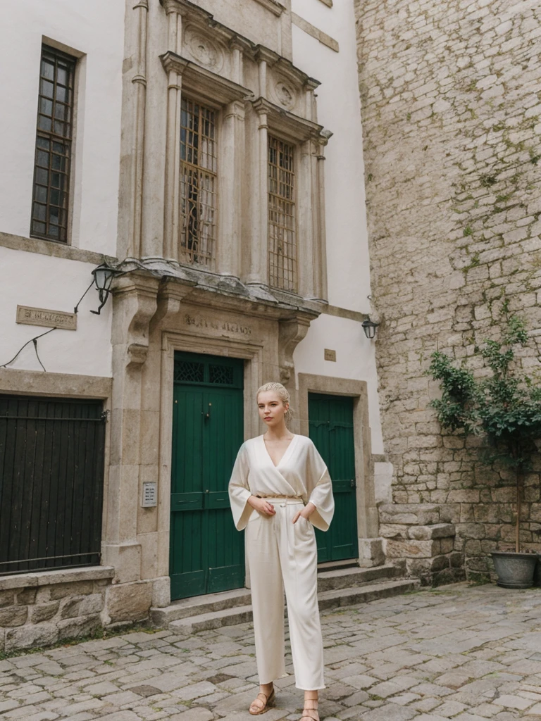 her name is Elle, high quality, 1girl, ((20-year-old fit Caucasian woman)), ((20 years old)), ((fit)), ((pale skin)), ((sleek ponytail blonde colored hair)) , wearing Green Embroidered Sheer Kimono + High-Waisted Palazzo Pants, pose: standing, background: Highlight the well-preserved medieval architecture of Tallinn's Old Town, with its cobblestone streets, fortified walls, and the towering spires of St. Olaf's Church.