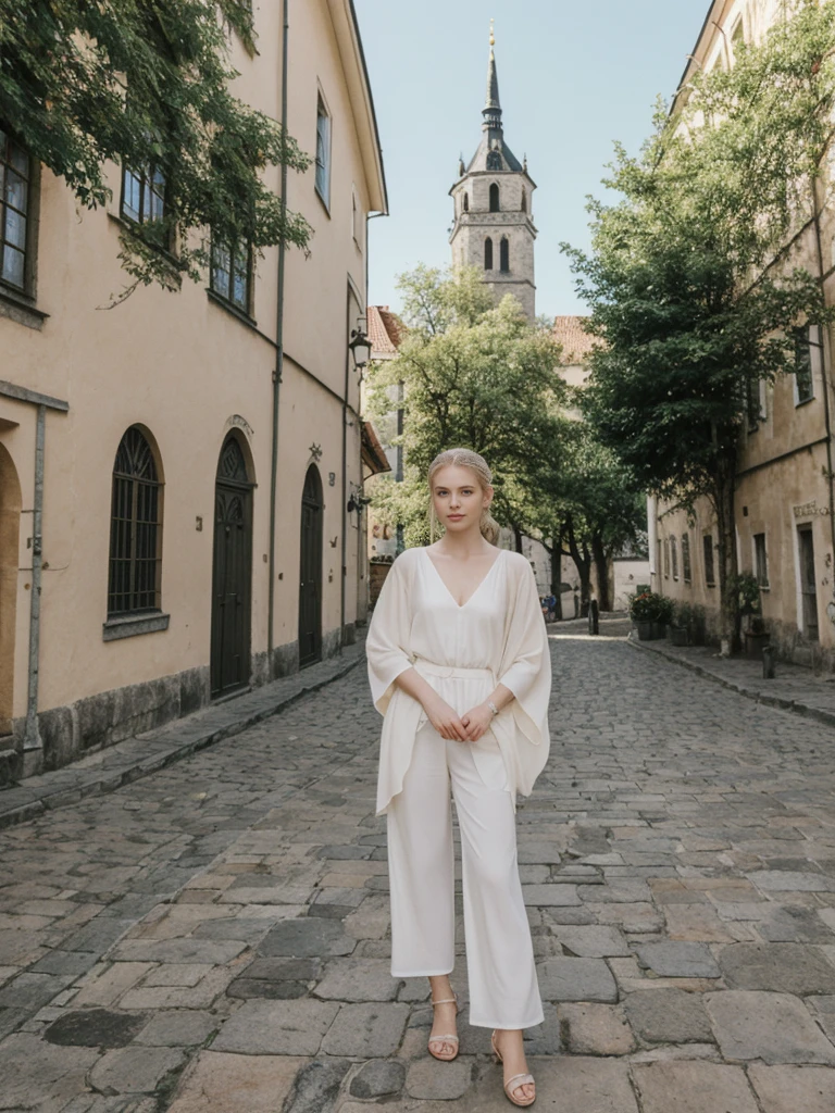 her name is Elle, high quality, 1girl, ((20-year-old fit Caucasian woman)), ((20 years old)), ((fit)), ((pale skin)), ((sleek ponytail blonde colored hair)) , wearing Green Embroidered Sheer Kimono + High-Waisted Palazzo Pants, pose: standing, background: Highlight the well-preserved medieval architecture of Tallinn's Old Town, with its cobblestone streets, fortified walls, and the towering spires of St. Olaf's Church.