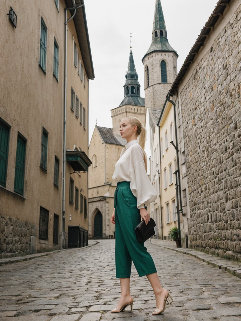 her name is Elle, high quality, 1girl, ((20-year-old fit Caucasian woman)), ((20 years old)), ((fit)), ((pale skin)), ((sleek ponytail blonde colored hair)) , wearing Green Embroidered Sheer Kimono + High-Waisted Palazzo Pants, pose: standing, background: Highlight the well-preserved medieval architecture of Tallinn's Old Town, with its cobblestone streets, fortified walls, and the towering spires of St. Olaf's Church.