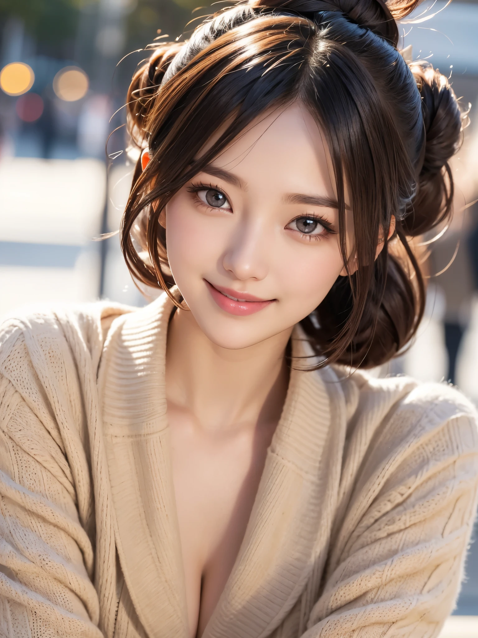 masutepiece, Best Quality, Illustration, Ultra-detailed, finely detail, hight resolution, 8K Wallpaper, Perfect dynamic composition, Beautiful detailed eyes, Trendy Women's Fashion Winter Clothes,Bun hair,Small breasts natural color lip, sexypose,Smile,Harajuku、20 years girl、Cute、is looking at the camera