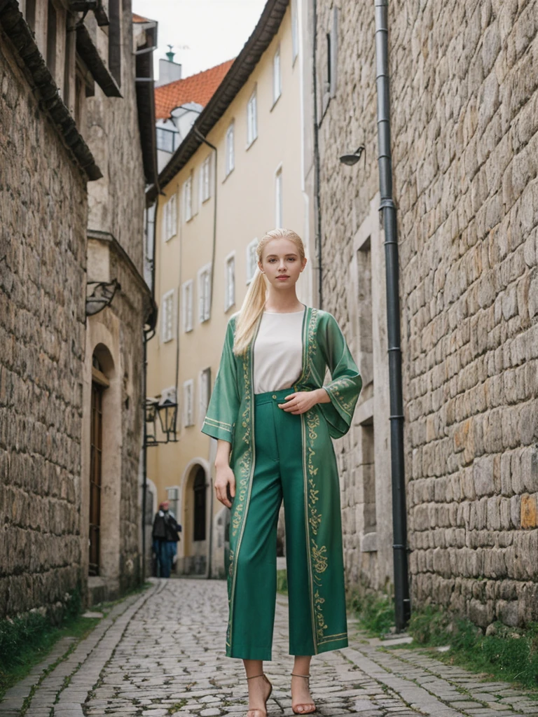 her name is Elle, high quality, 1girl, ((20-year-old fit Caucasian woman)), ((20 years old)), ((fit)), ((pale skin)), ((sleek ponytail blonde colored hair)) , wearing Green Embroidered Sheer Kimono + High-Waisted Palazzo Pants, pose: standing, background: Highlight the well-preserved medieval architecture of Tallinn's Old Town, with its cobblestone streets, fortified walls, and the towering spires of St. Olaf's Church.