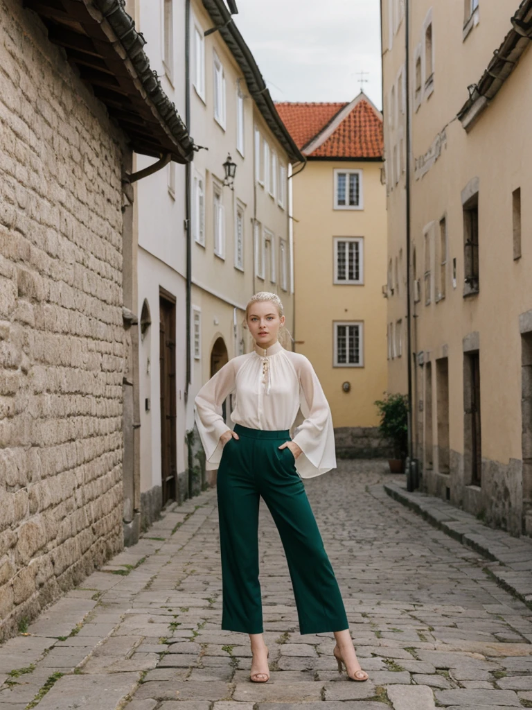 her name is Elle, high quality, 1girl, ((20-year-old fit Caucasian woman)), ((20 years old)), ((fit)), ((pale skin)), ((sleek ponytail blonde colored hair)) , wearing Green Embroidered Sheer Kimono + High-Waisted Palazzo Pants, pose: standing, background: Highlight the well-preserved medieval architecture of Tallinn's Old Town, with its cobblestone streets, fortified walls, and the towering spires of St. Olaf's Church.