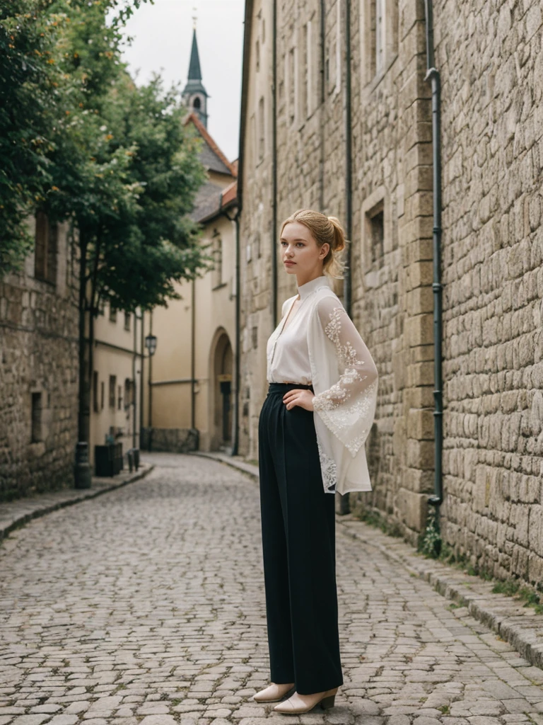 her name is Elle, high quality, 1girl, ((20-year-old fit Caucasian woman)), ((20 years old)), ((fit)), ((pale skin)), ((sleek ponytail blonde colored hair)) , wearing Green Embroidered Sheer Kimono + High-Waisted Palazzo Pants, pose: standing, background: Highlight the well-preserved medieval architecture of Tallinn's Old Town, with its cobblestone streets, fortified walls, and the towering spires of St. Olaf's Church.