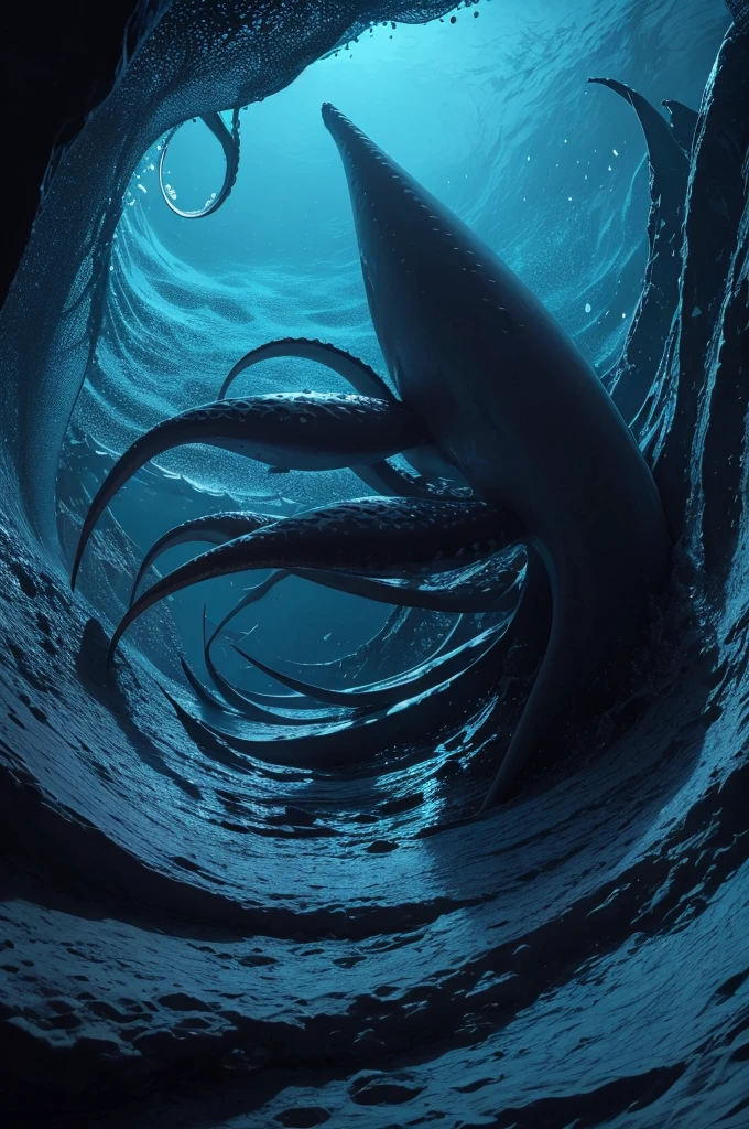 A colossal squid swimming in the dark depths of the ocean, with its tentacles extended.