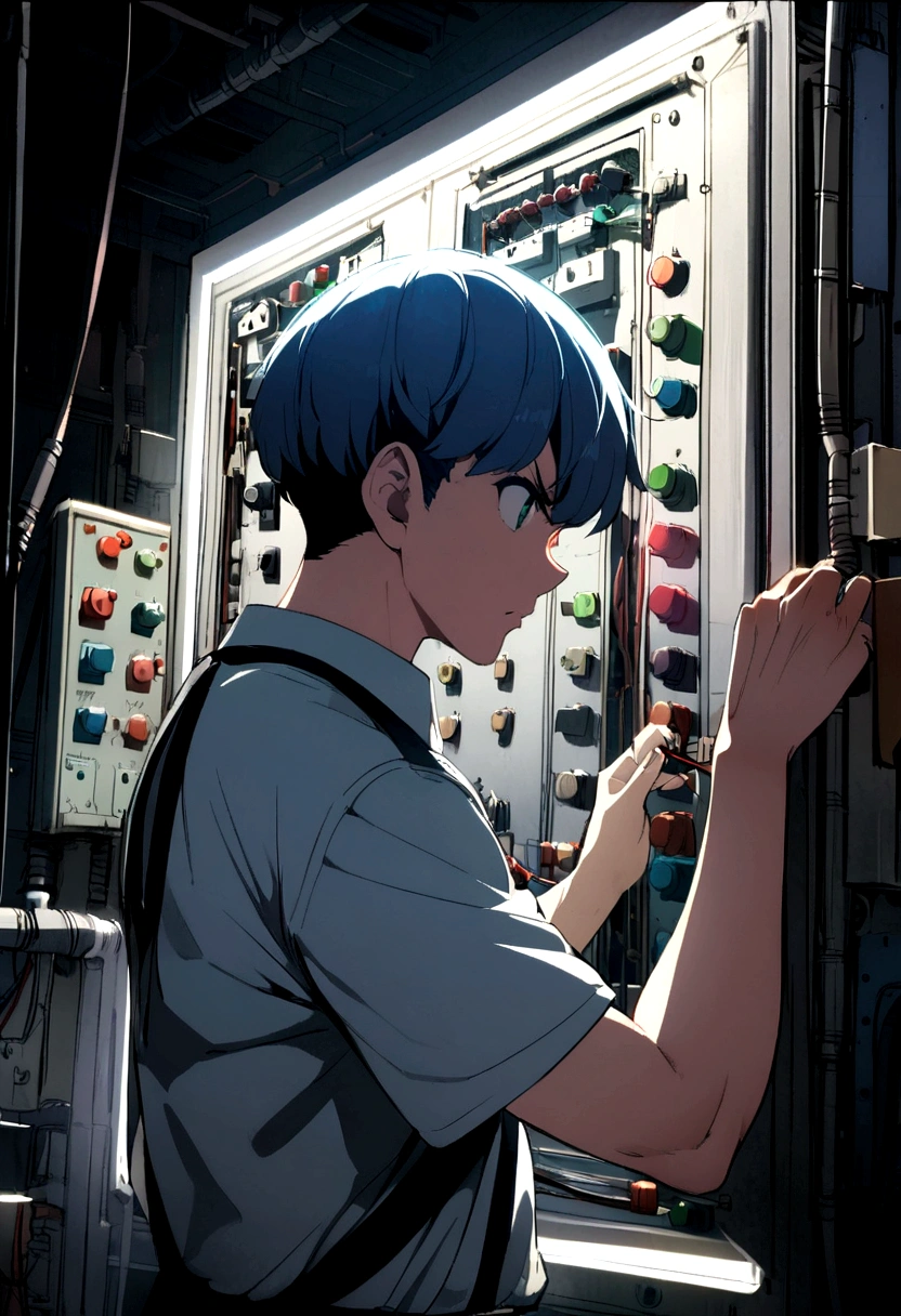 anime electrician, concentrated, Restore a complex electrical panel zoom out show the whole panel
