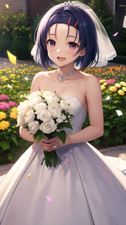 masterpiece, best quality, highres, aaharuna, short hair, hairclip, forehead, wedding dress, white dress, garden, smile, holding bouquet, open mouth, confetti,