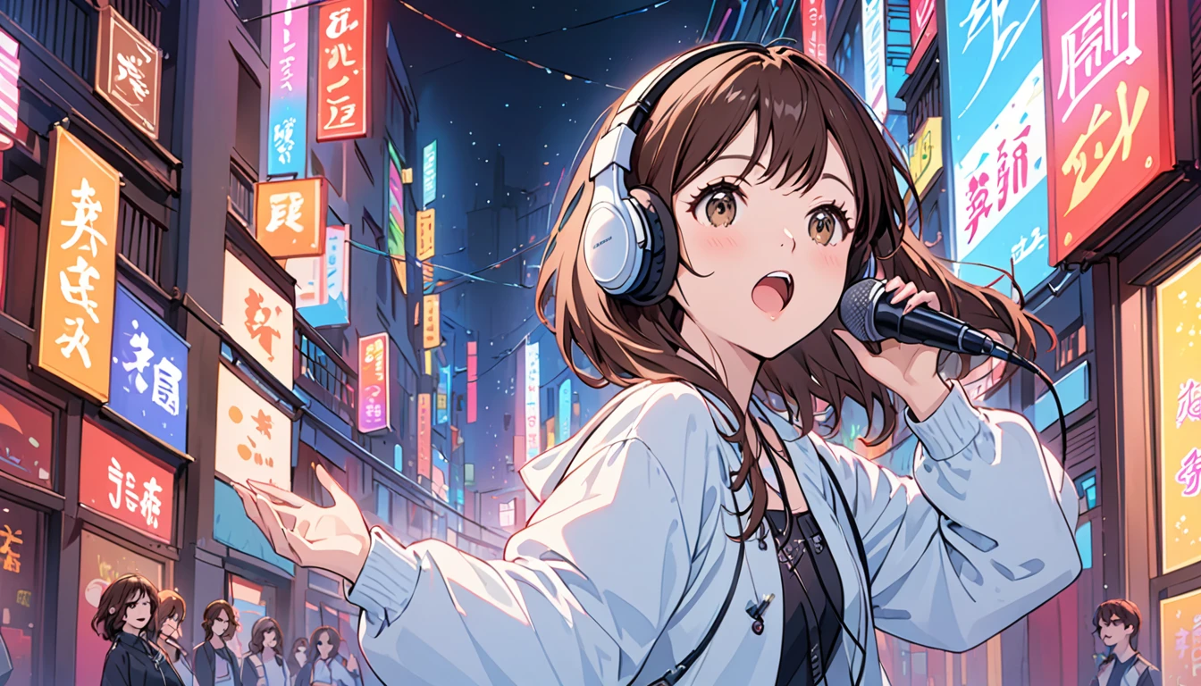 Girl wearing headphones,singing,Brown Hair,One girl,Midnight,The background is a neon street
