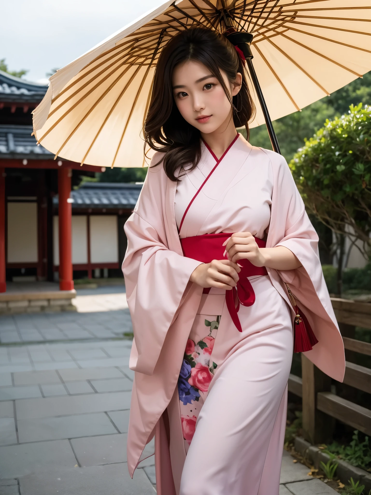 A woman holding a parasol.Japanese tween model girl.Full color photo.The resolution should be 30.4 megapixels, ISO sensitivity: 100, Shutter speed 1/2000 second. The image should be hyper-realistic, highly detailed, and high-resolution 16k.photogenic,