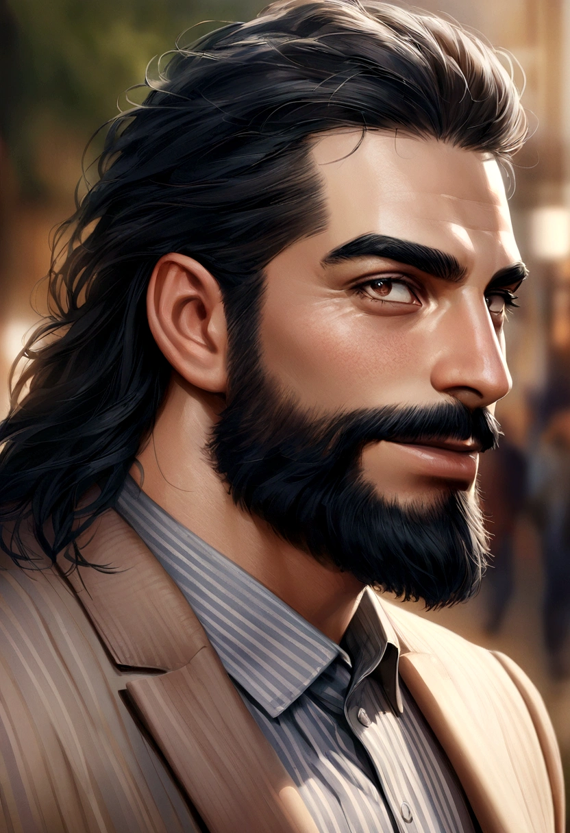 Sigma man, judgmental, black hair beard, muscular, smiling slyly, wearing casual suit, Turkish, ultra realistic portrait