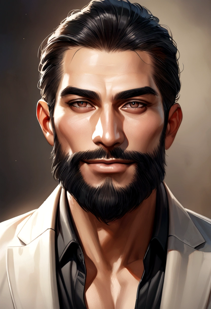 Sigma man, judgmental, black hair beard, muscular, smiling slyly, wearing casual suit, Turkish, ultra realistic portrait
