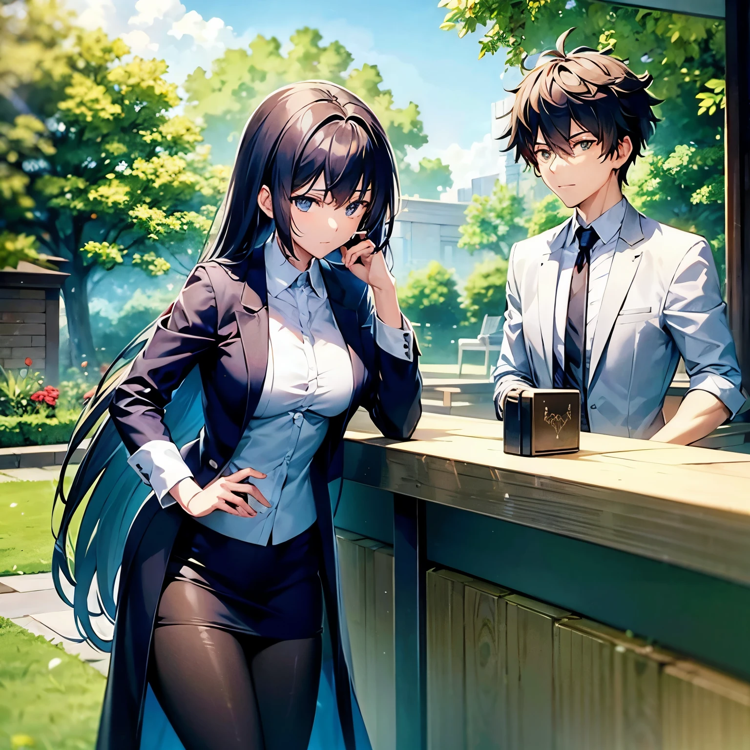 HOLDING FLASK WITH MALE BUSINESS PERSON TALKING ON HIS SMARTPHONE, BEAUTIFUL LABORATORY AND GARDEN BACKGROUND, HI-TECH, FUTURISTIC, BY FATE SERIES, BY UFOTABLE