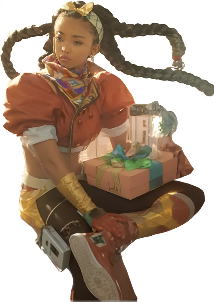 masterpiece,Highest quality,Attention to detail,8K,Kimberly 2,One girl,alone,Long Hair,Black Hair,gloves,bow,Brown eyes,Jacket,hair bow,Multicolored Hair,hair band,Dark Skin,fingerless gloves,Dark skinned women,lips,red Jacket,amount,cropped Jacket,Wide Hips,nose,bow hair band,very Dark Skin,cowboy_shot,Street background,pants,