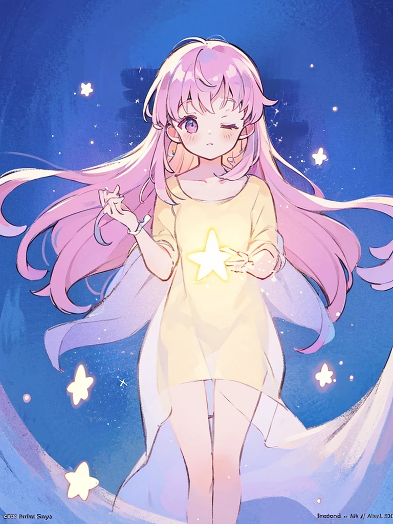 complex background, wishing star background, a woman wearing an ethereal mystical pink translucent dress that reflects the stars, perfume promo art, mystic, complex drawing, highly detailed, Covergirl brand, promo art, artistic rendition, ethereal, starry night, midjourney style