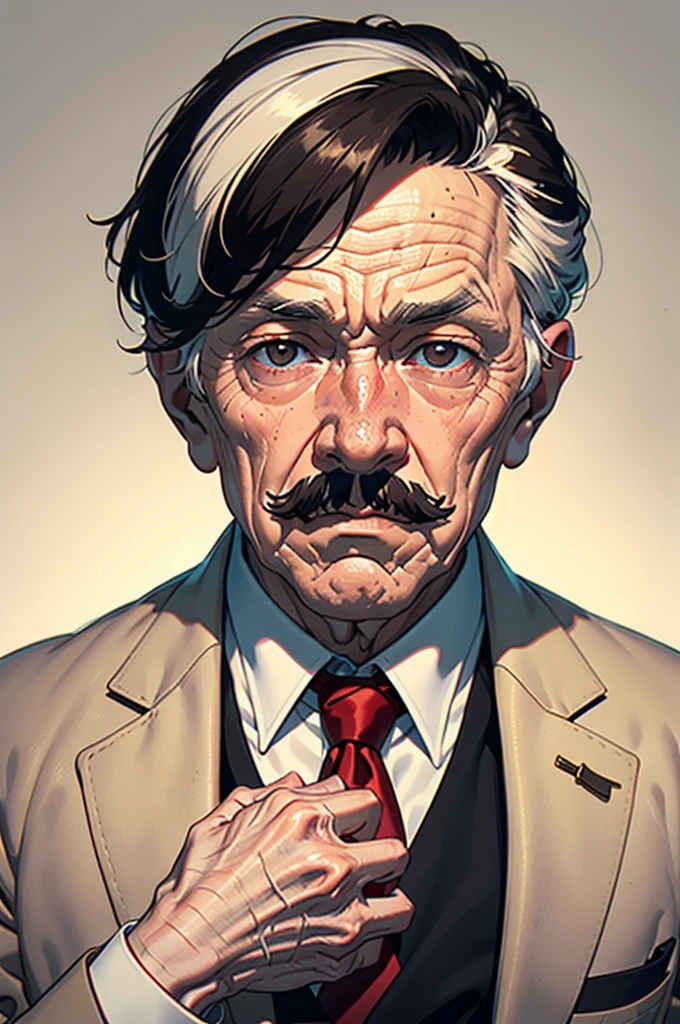 +_+, (An 80-year-old man with nasolabial folds on his face: 1.3), White mustache, Black suit, Short hair with white tips, Long brown red tie, Beige jacket, Hold two fingers in front of your face, Werther&#39;original, Sitting in a chair, Bright Eyes, Morinaga, Are crying