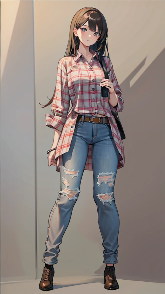 A drawing of a woman with long, middle-parted hair in a plaid shirt and above-the-knee jeans., full body image of a short!, Drawing the whole character, Draw the whole body, Tall female emo art student, unrealistic character concept, Full concept in detail, !!full body image!!, realistic proportions!!, draftเส้น!!, outdraftเส้น, Comfortable pose, draft, Wear a plaid shirt., Whole body illustration