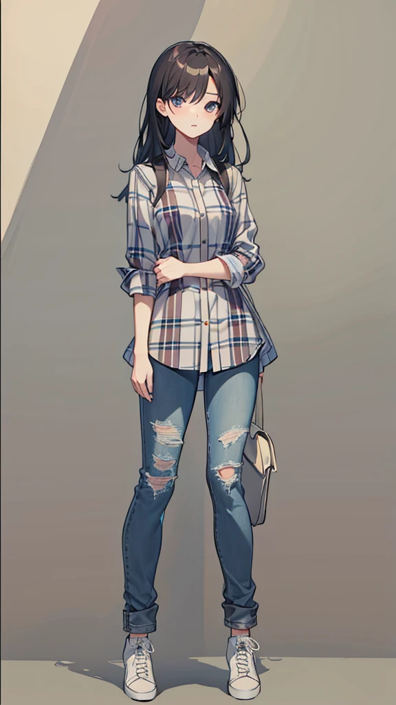 A drawing of a woman with long, middle-parted hair in a plaid shirt and above-the-knee jeans., full body image of a short!, Drawing the whole character, Draw the whole body, Tall female emo art student, unrealistic character concept, Full concept in detail, !!full body image!!, realistic proportions!!, draftเส้น!!, outdraftเส้น, Comfortable pose, draft, Wear a plaid shirt., Whole body illustration