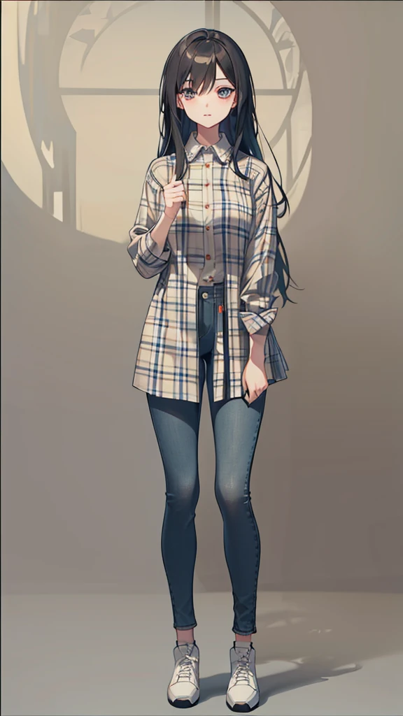 A drawing of a woman with long, middle-parted hair in a plaid shirt and above-the-knee jeans., full body image of a short!, Drawing the whole character, Draw the whole body, Tall female emo art student, unrealistic character concept, Full concept in detail, !!full body image!!, realistic proportions!!, draftเส้น!!, outdraftเส้น, Comfortable pose, draft, Wear a plaid shirt., Whole body illustration