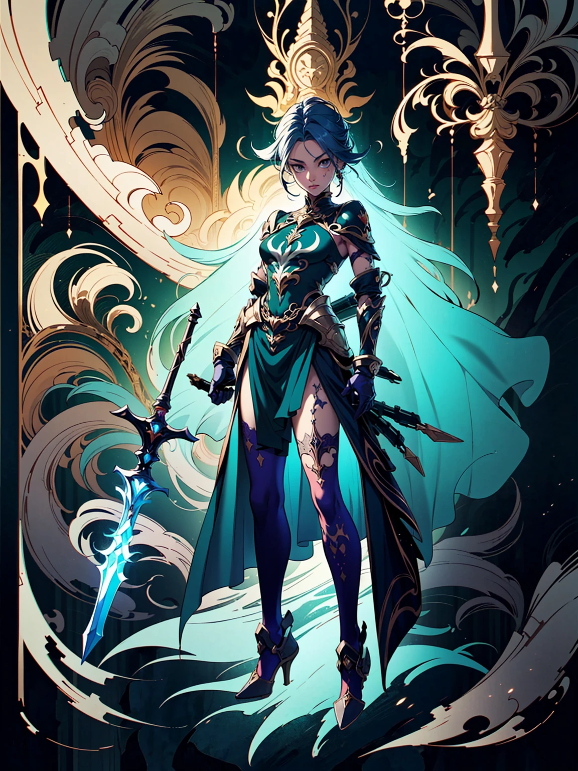 (((masterpiece, best quality, high detailed, 8k))) Design a layout showcase Gaming character, (1girl). Red+Black full body armor, stylish and unique. ((showcase weapon:1.4)), enchanted sword. (masterpiece:1.2), (best quality), 4k, ultra-detailed. (Step by step design, layout art:1.5), (luminous lighting, atmospheric lighting). warrior, ((glove full hands)), (((revealing clothes:1.3))), vambraces, armored legwear, (((full_body_shot:1.4))). {In a mystical forest}.
