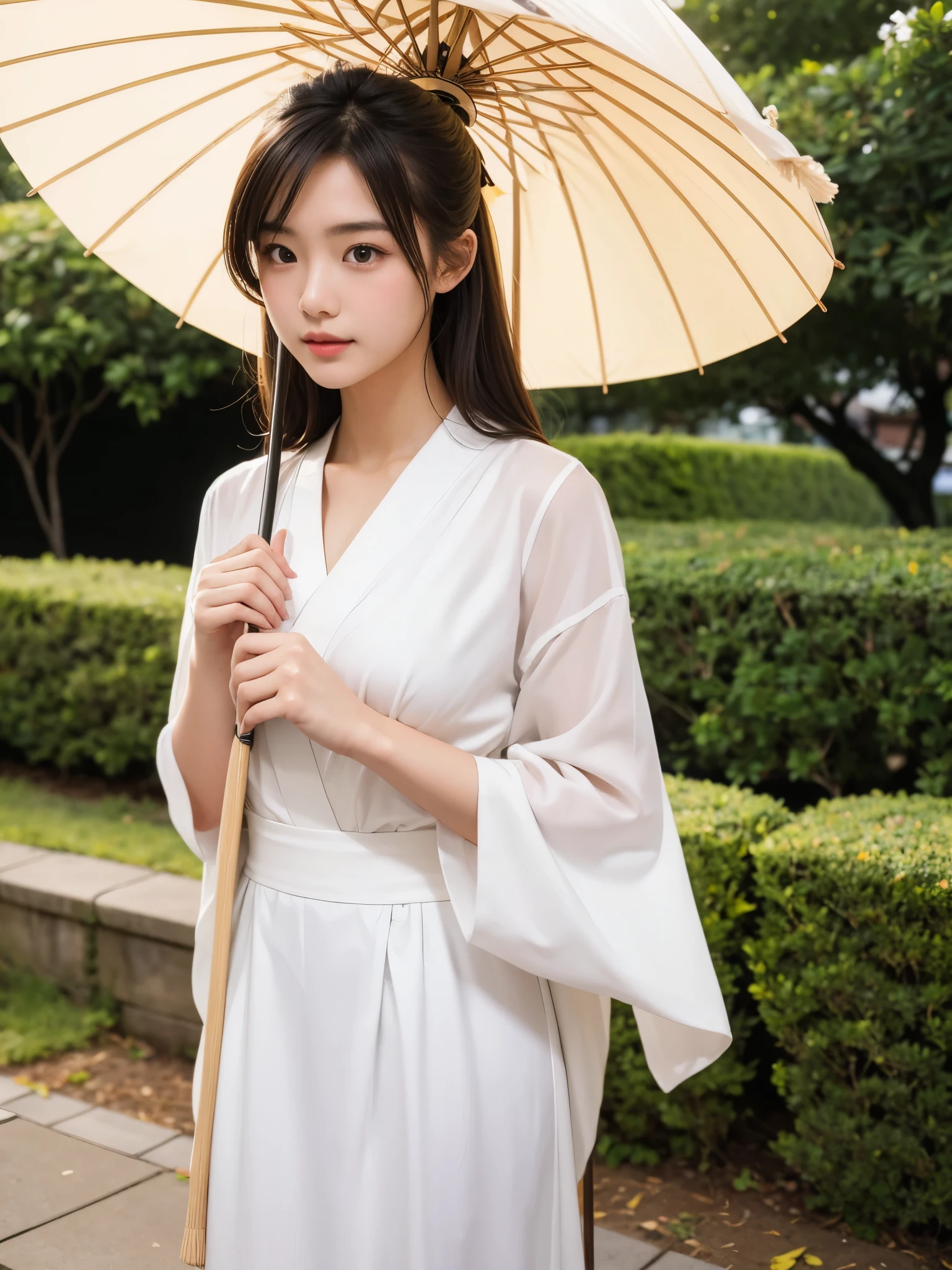A woman holding a parasol.Japanese tween model girl.Full color photo.The resolution should be 30.4 megapixels, ISO sensitivity: 100, Shutter speed 1/2000 second. The image should be hyper-realistic, highly detailed, and high-resolution 16k.photogenic,